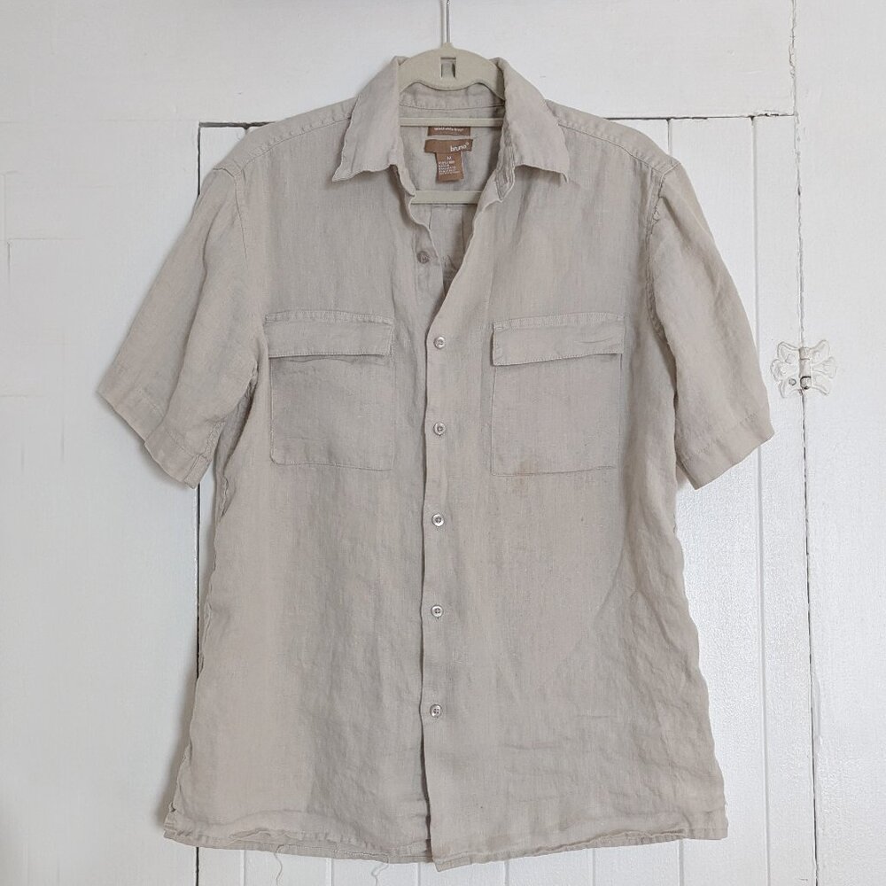 Bruno Shirt Men Medium Washable Linen Casual Button Down Utility Pocket